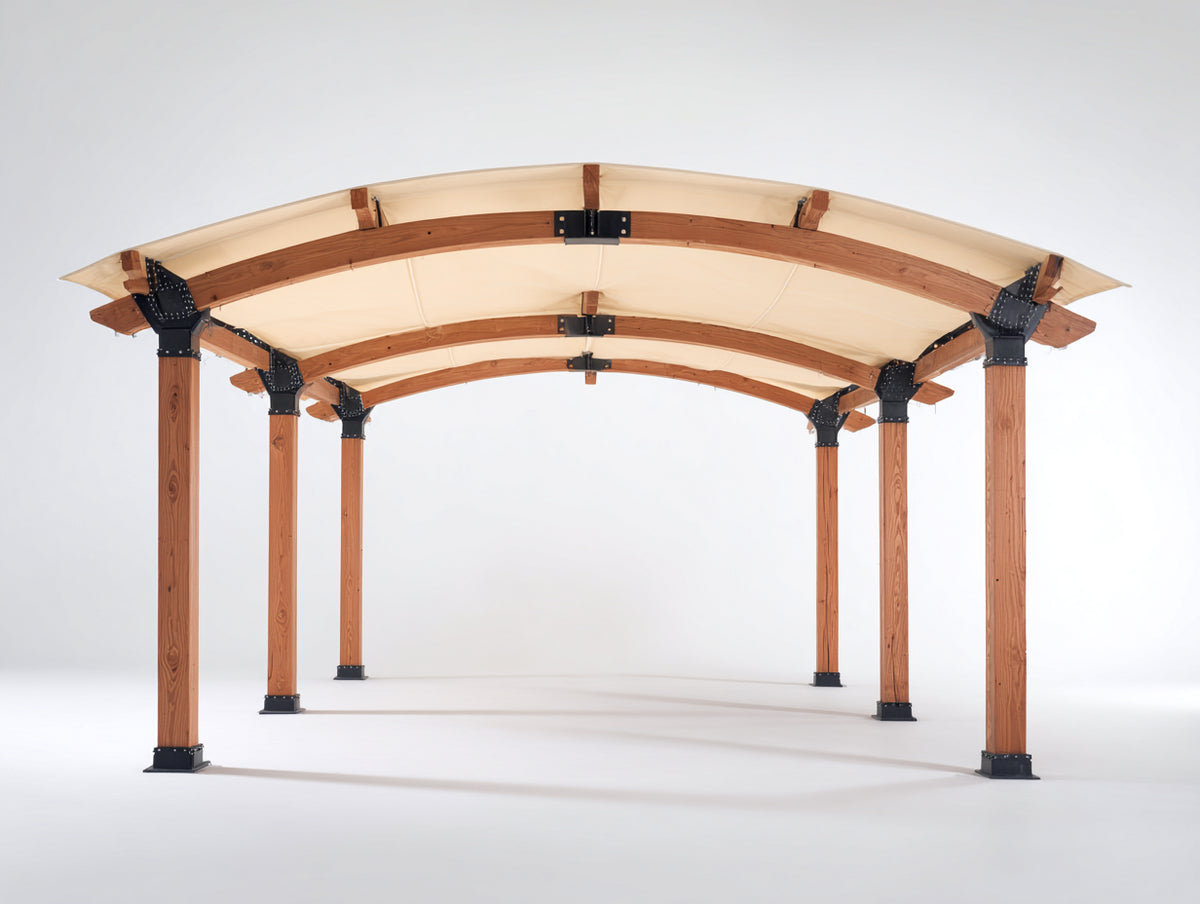 Pavillon aus Holz mit Stoffdach 400 x 300 x 260 cm - Naturbraun und Creme - Rechteckiges Design mit gewölbter Überdachung